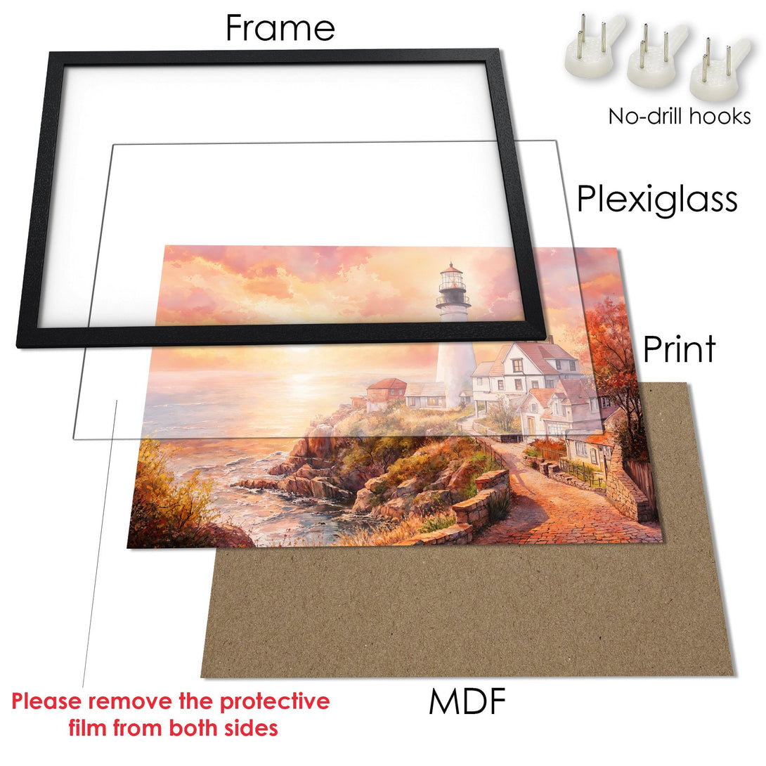 Framed Poster of a lighthouse landscape in warm tones. Coastal art print with sunset colors. Perfect wall decor.