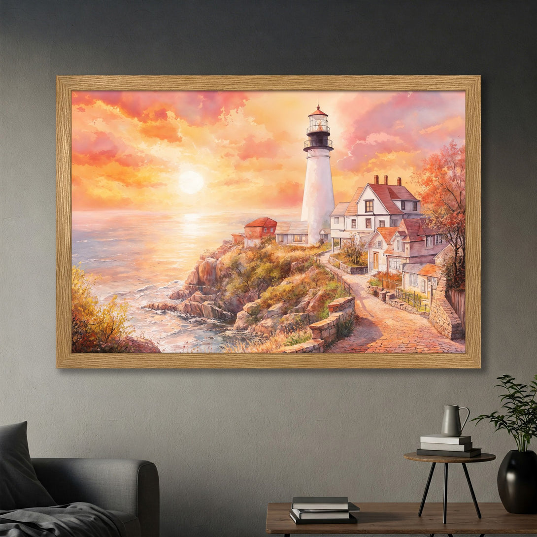 Framed Poster of a lighthouse at sunset. Coastal landscape art in warm orange and yellow tones. Perfect wall decor!