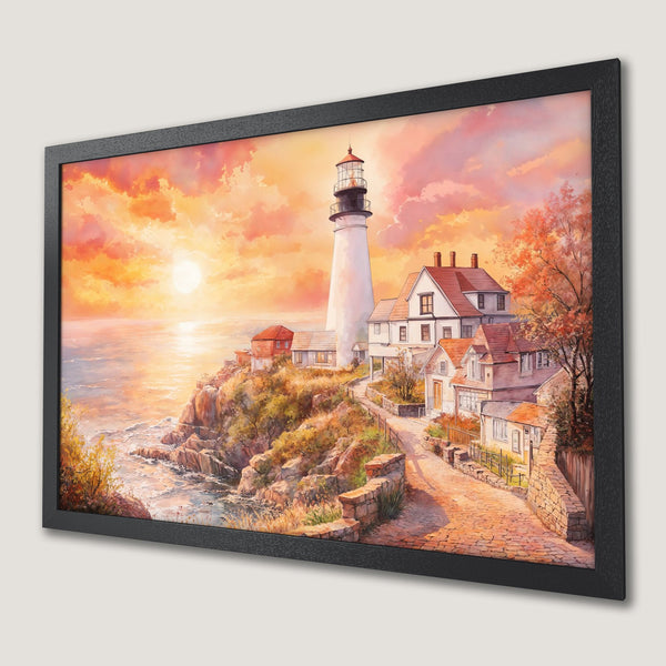 Framed Poster of a coastal lighthouse scene, watercolor style, warm sunset color palette. Add a touch of serenity to your space!