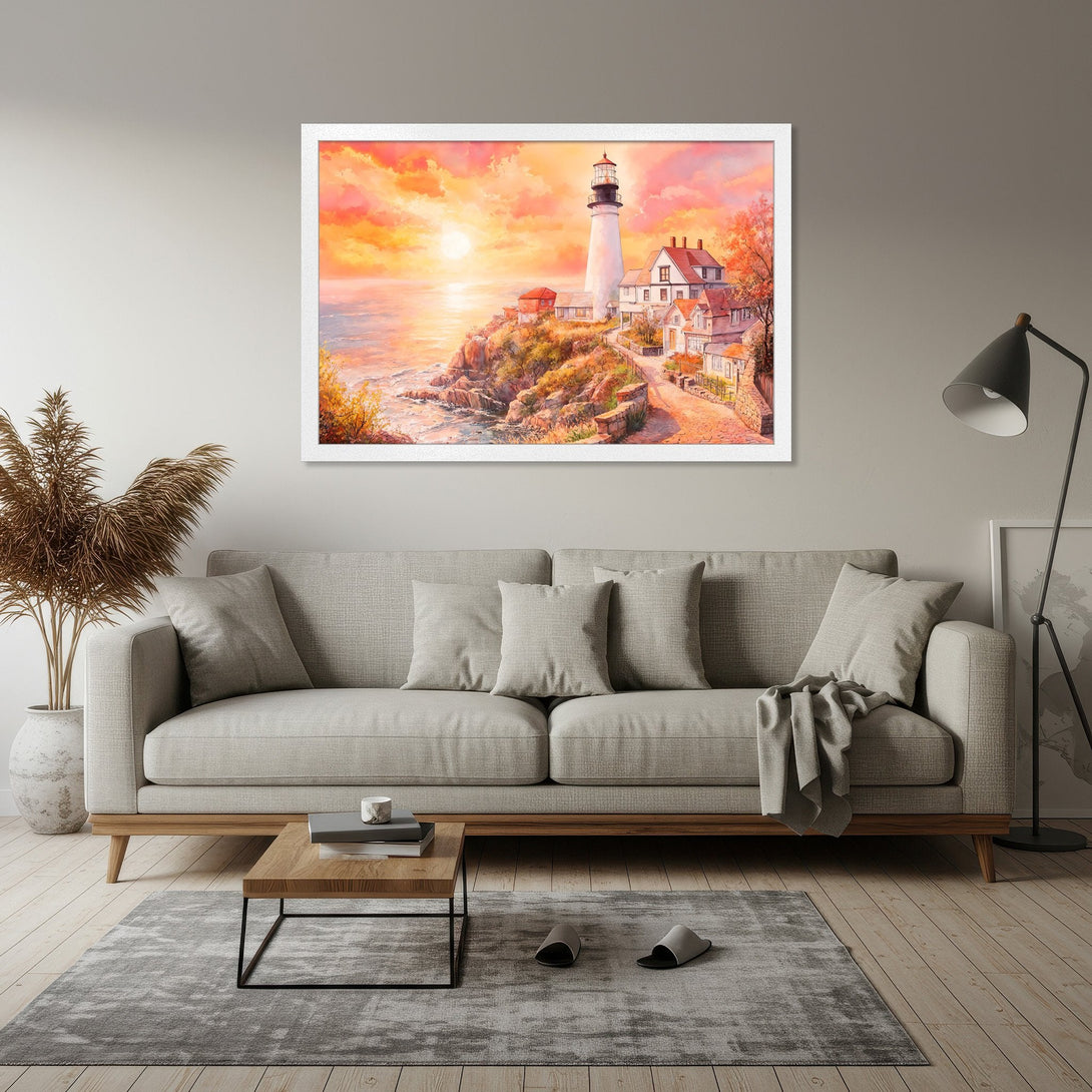 Framed Poster featuring a lighthouse on a cliff at sunset. Watercolor style with warm orange and yellow hues. Add coastal charm to your home!