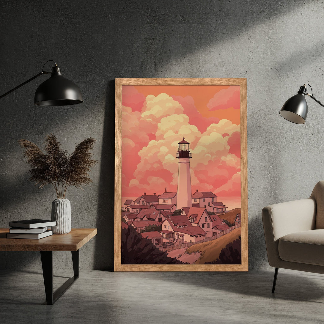 Framed Poster of a lighthouse and village in a warm, illustrative style with a sunset color palette. Perfect wall art!