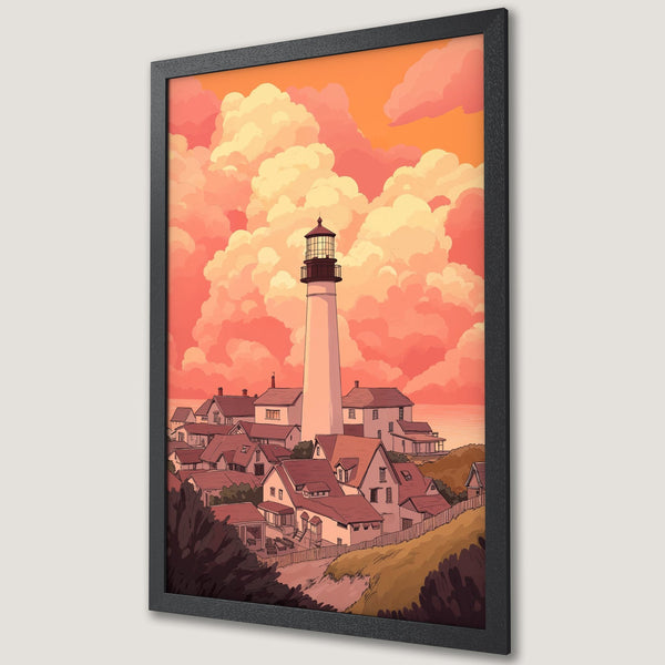 Framed Poster of a lighthouse and coastal village in a warm, illustrated style with a sunset color palette. Perfect wall art!