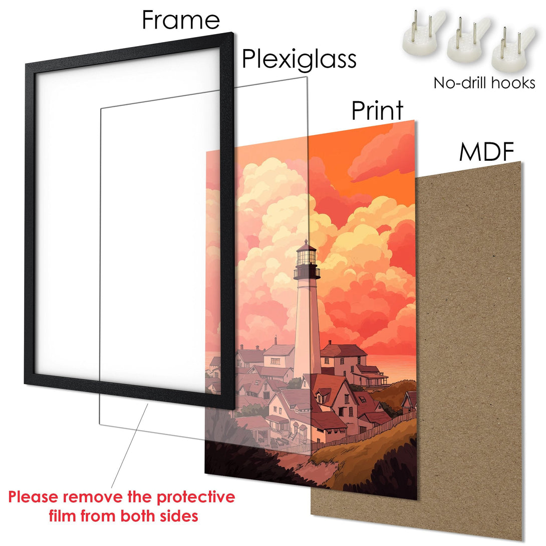 Framed Poster art featuring a lighthouse in a warm, sunset color palette. Perfect wall decor!