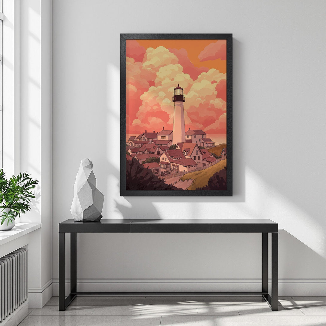 Framed Poster featuring a lighthouse and coastal village in warm orange and red tones. Stylish art print for home decor.