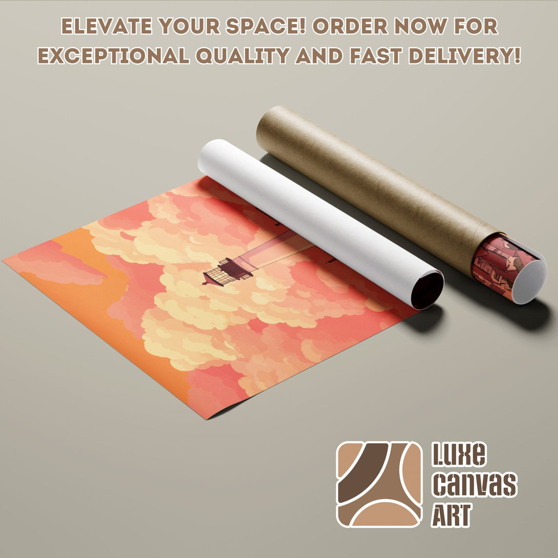Poster Roll featuring a lighthouse in a dreamy style, warm orange and pink color palette.