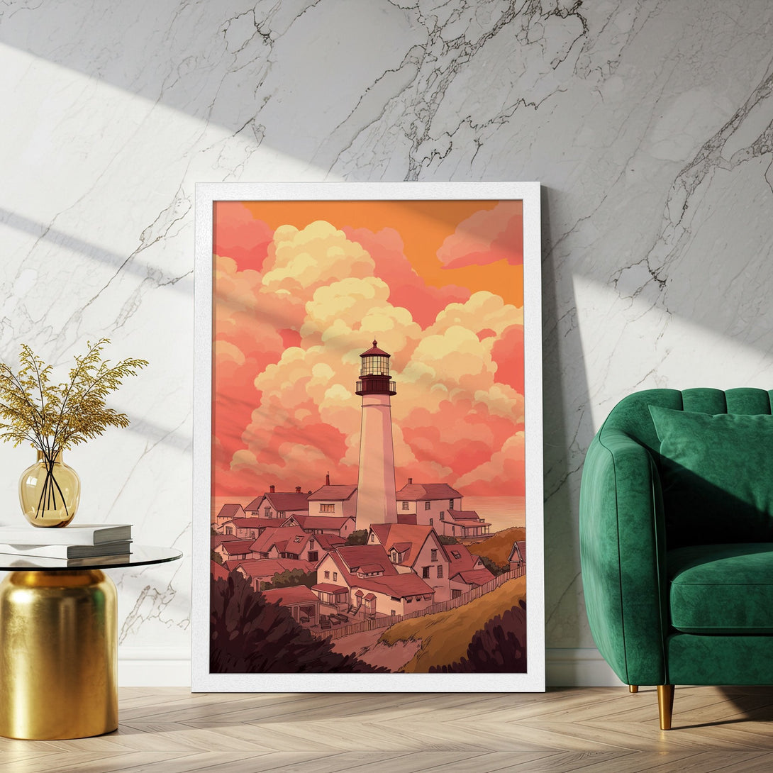 Framed Poster of a lighthouse and village in a vibrant, warm color palette. Perfect wall art for a cozy home!