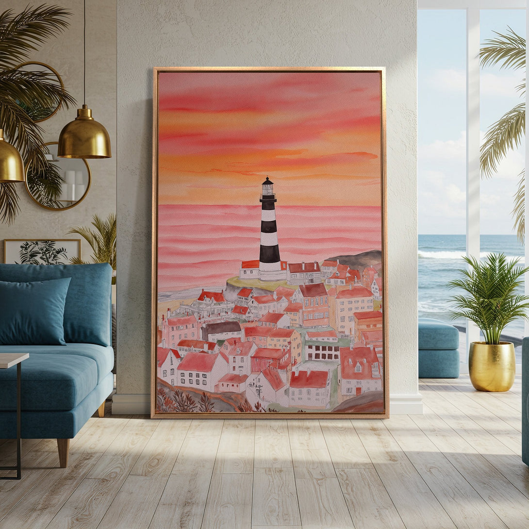 Framed Wall Art: Watercolor painting of a coastal town with a lighthouse, warm sunset color palette. Perfect for beach house decor and adding a touch of art.