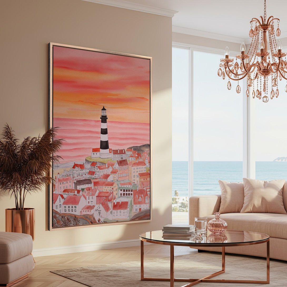 Framed Wall Art featuring a coastal town and lighthouse in watercolor style, warm sunset color palette, perfect for living room decor.