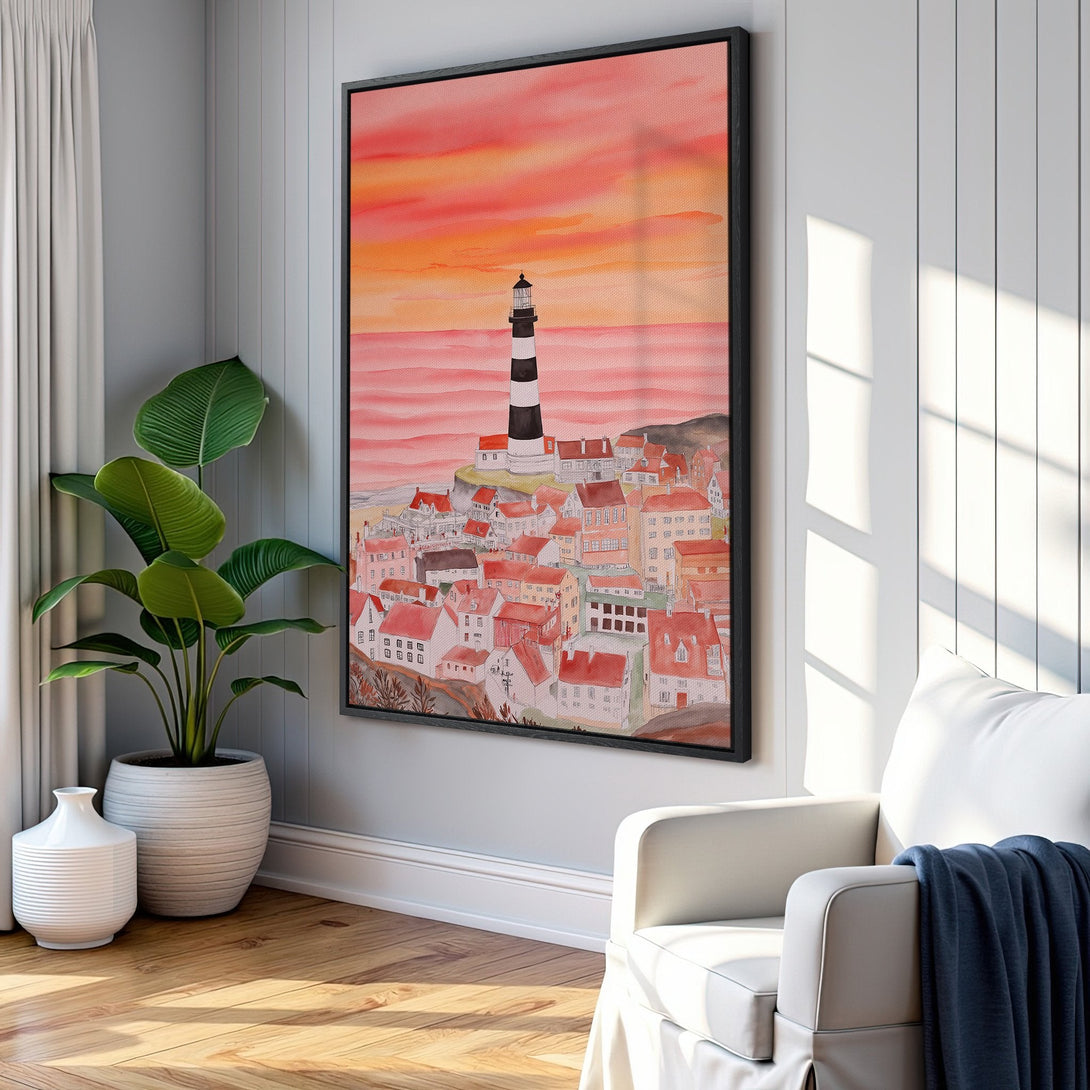 Framed Wall Art: Watercolor lighthouse scene with warm sunset hues. Coastal art print adds a touch of serenity to any space. Shop now for unique wall decor!