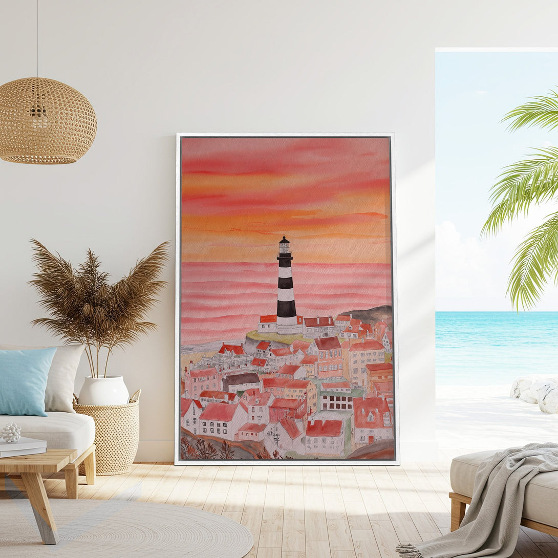 Framed Wall Art featuring a watercolor lighthouse scene with a warm, sunset color palette. Coastal art for a serene home.