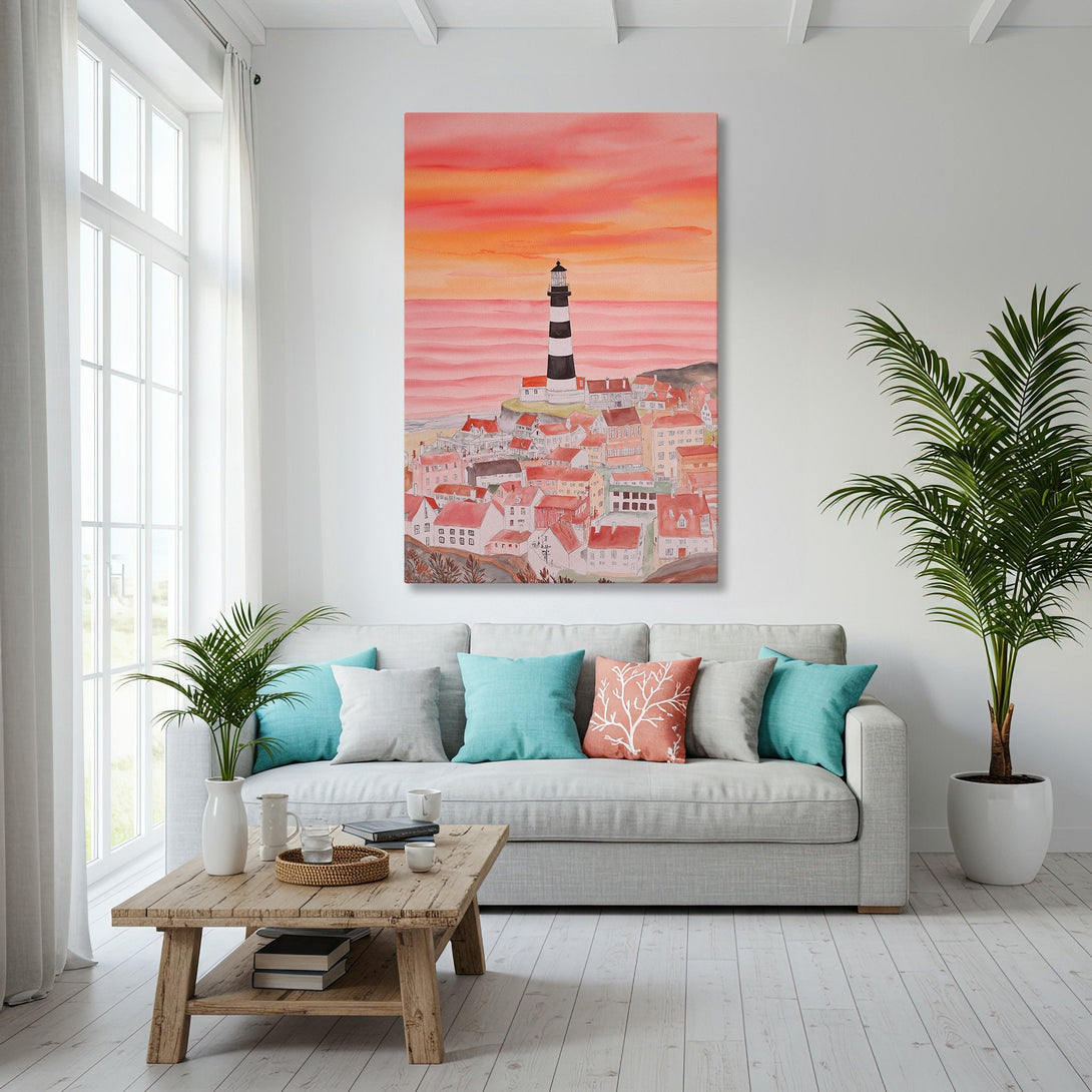 Framed Wall Art featuring a coastal lighthouse scene in watercolor style. Warm sunset hues and cool blues create a serene and inviting atmosphere.