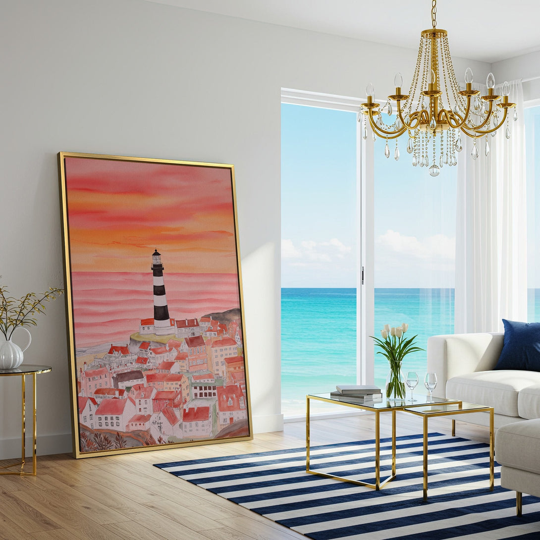 Canvas Print of a coastal town watercolor painting with a lighthouse, featuring warm sunset hues. Perfect wall art for a cozy living room.