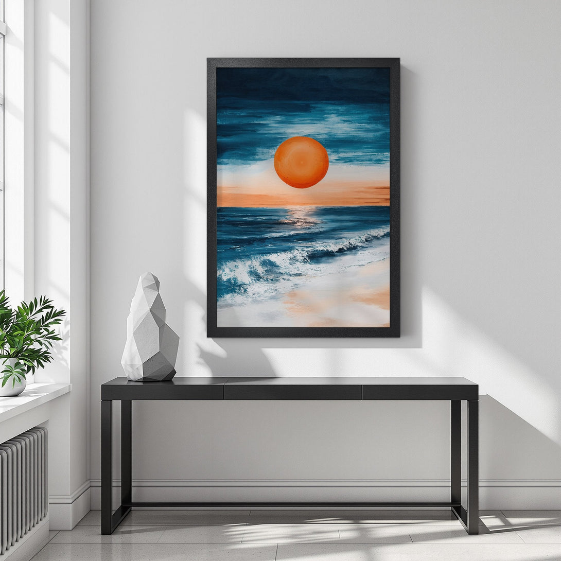 Framed Poster of a sunset beach scene in a modern style. Features blue, orange, and white color palette. Perfect wall art for your home.
