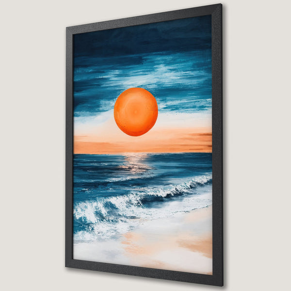 Framed Poster featuring a vibrant sunset over the ocean. Abstract style with blue, orange, and white color palette. Perfect wall art.