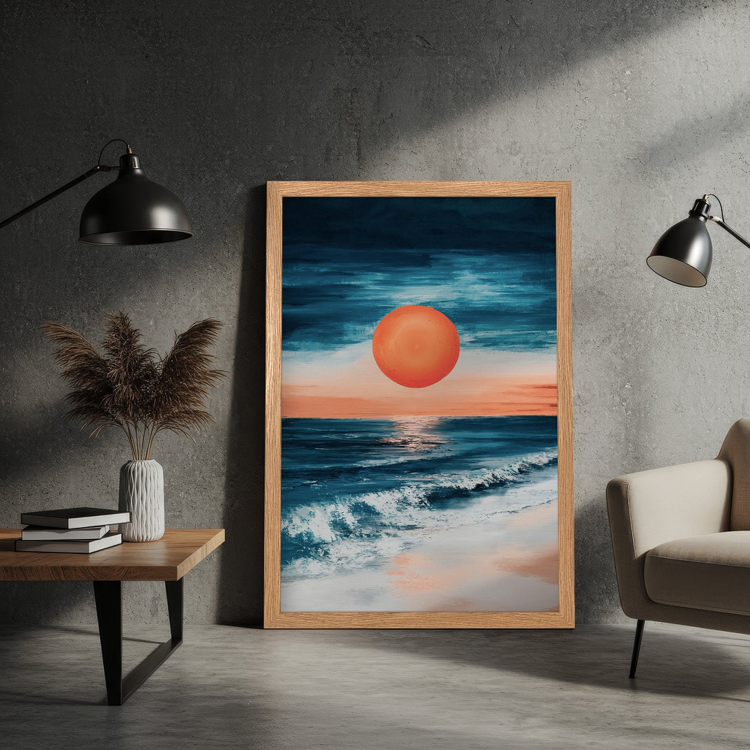 Framed Poster of a sunset over the ocean. Abstract art style with blue, orange, and white color palette. Perfect wall decor!