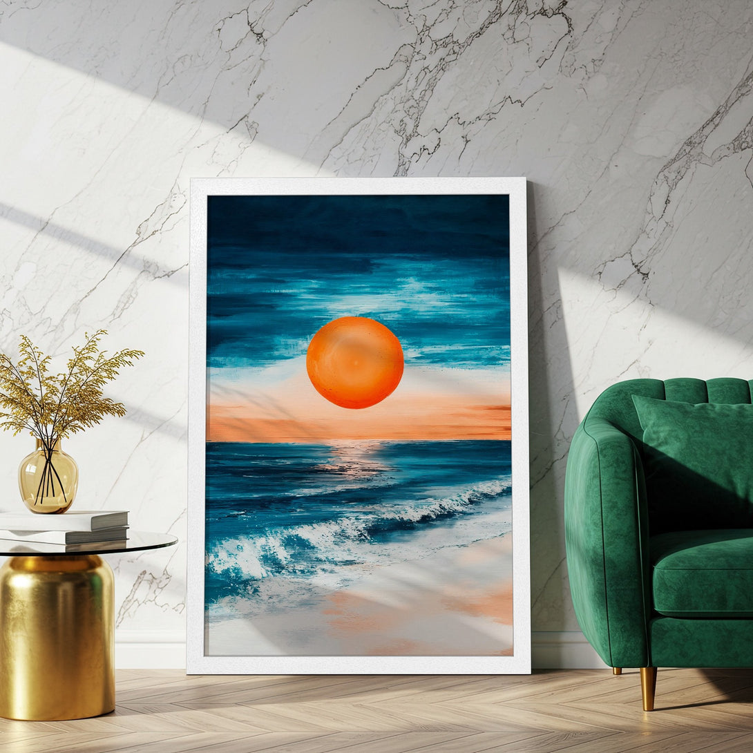 Framed Poster: Abstract ocean art in blue, orange, and white. Modern style, perfect for coastal decor. Shop this stunning Poster today!