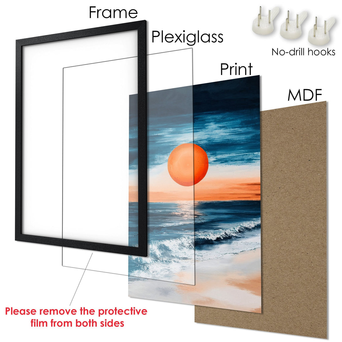 Framed Poster of a sunset over the ocean, featuring a vibrant orange and blue color palette. Modern art print for your home.