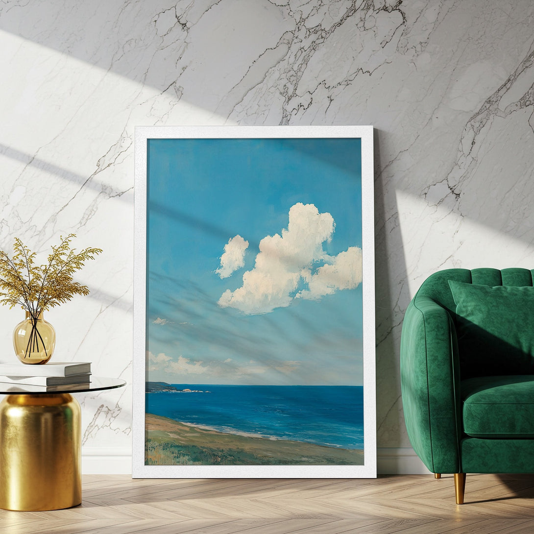 Framed Poster of a serene seascape with blue sky, white clouds, and ocean. Coastal art print in calming blue and green tones.