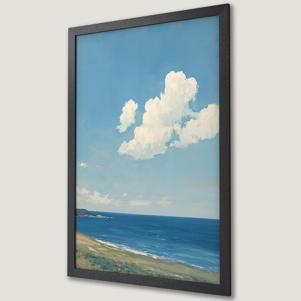 Framed Poster of a serene coastal landscape with blue sky, ocean, and white clouds. Painting style, calming blue and green hues.