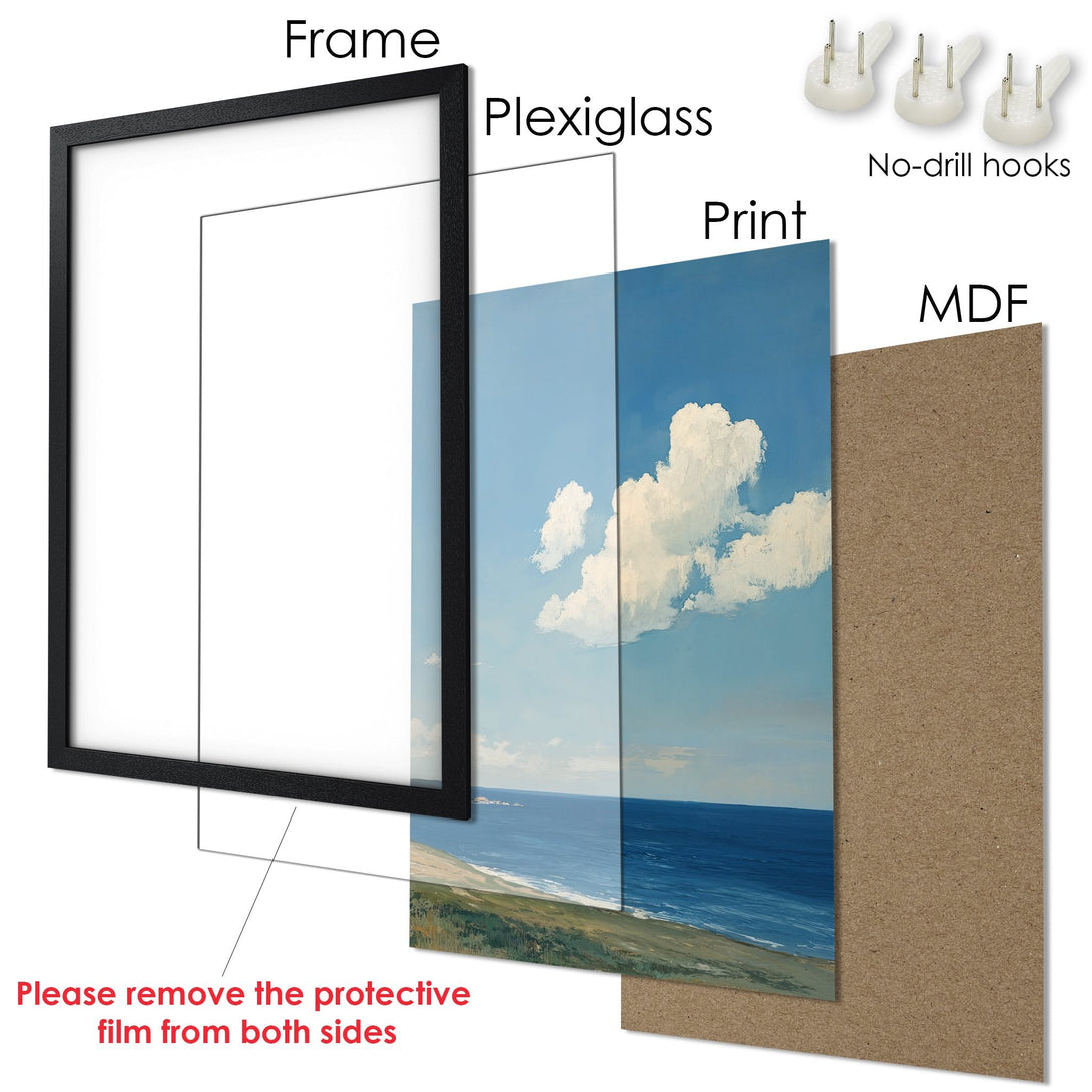 Framed Poster: Coastal landscape art print in blue, white, and green. Ready to hang!