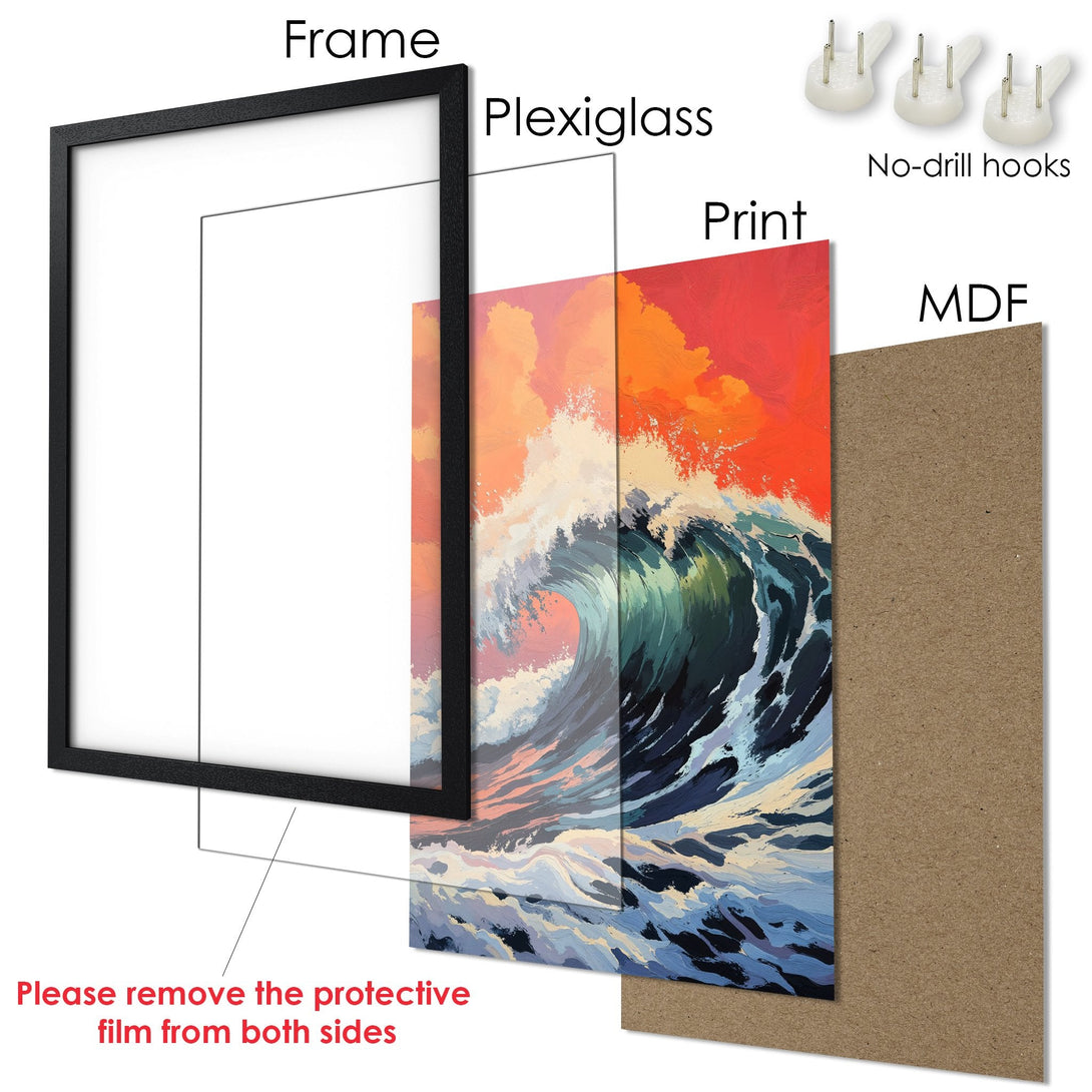 Framed Poster: Abstract wave art print in vibrant orange, blue, and green. Modern style, perfect wall decor.