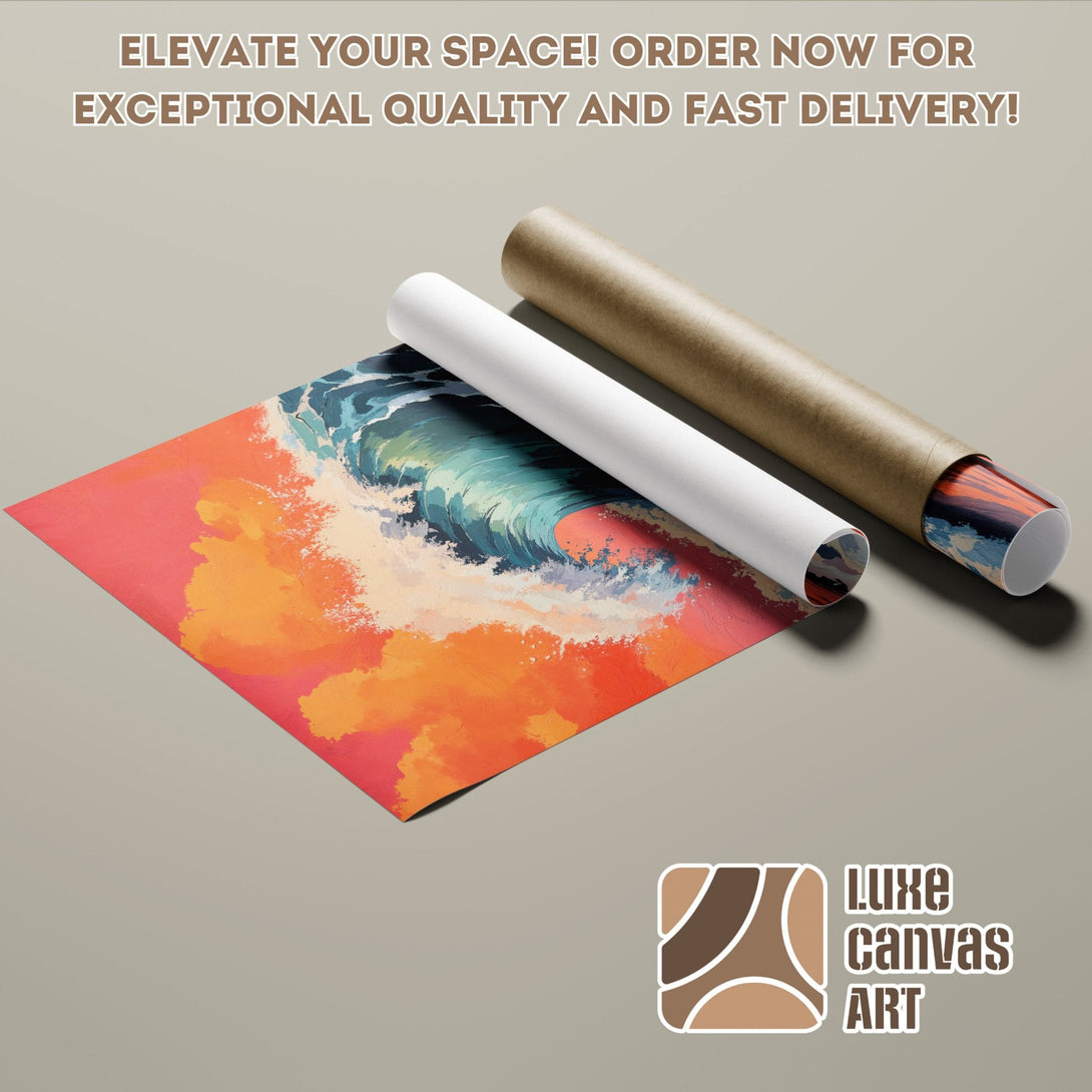 Abstract wave art Poster Roll in vibrant orange, blue, and teal color palette. Elevate your space!