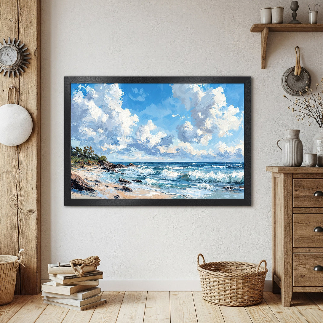 Framed Poster of a seascape painting in blue and white. Coastal art print for home decor.