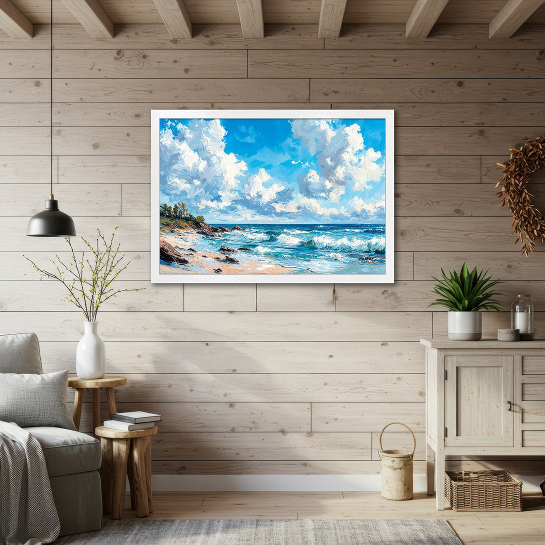 Framed Poster of a beach scene in impressionistic style, showcasing blue, white, and sandy tones. Perfect coastal decor!