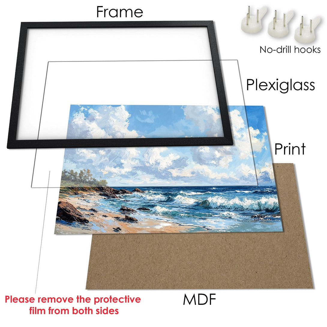 Framed Poster of a serene beach scene with blue and white color palette. Perfect coastal art for your home.