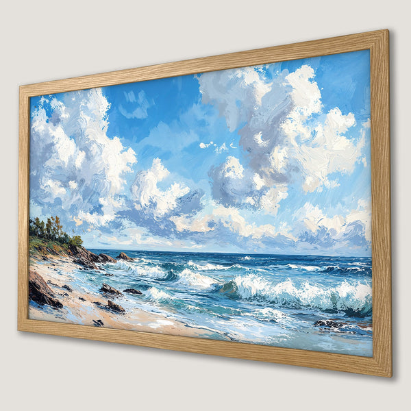 Framed Poster of a vibrant seascape painting in impressionist style with blue, white, and beige hues.