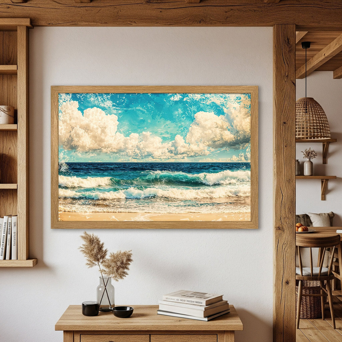 Framed Poster featuring a serene beach scene with blue ocean, white clouds, and a warm color palette. Perfect wall art!