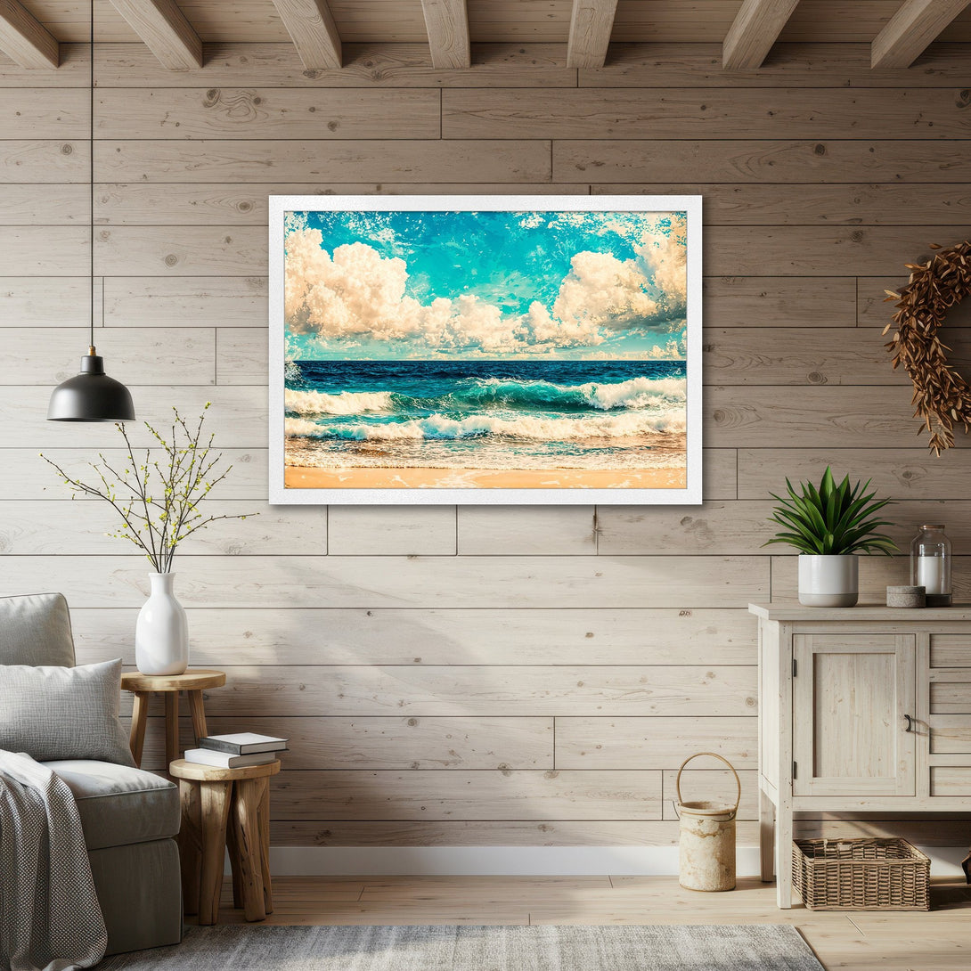 Framed Poster featuring a serene ocean scene with blue, turquoise, and beige tones. Coastal art perfect for your home decor.