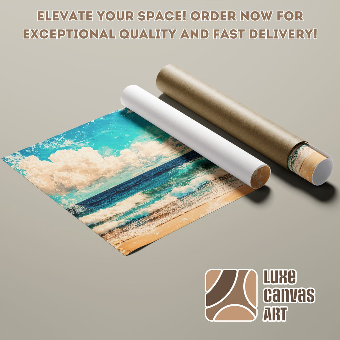 Ocean scene Poster Roll art print with blue, beige, and brown color palette. Elevate your space!