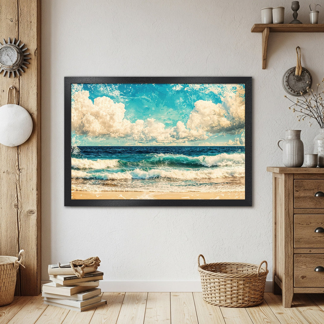 Framed Poster of a serene beach scene with blue, white, and beige tones. Coastal art print for home decor.