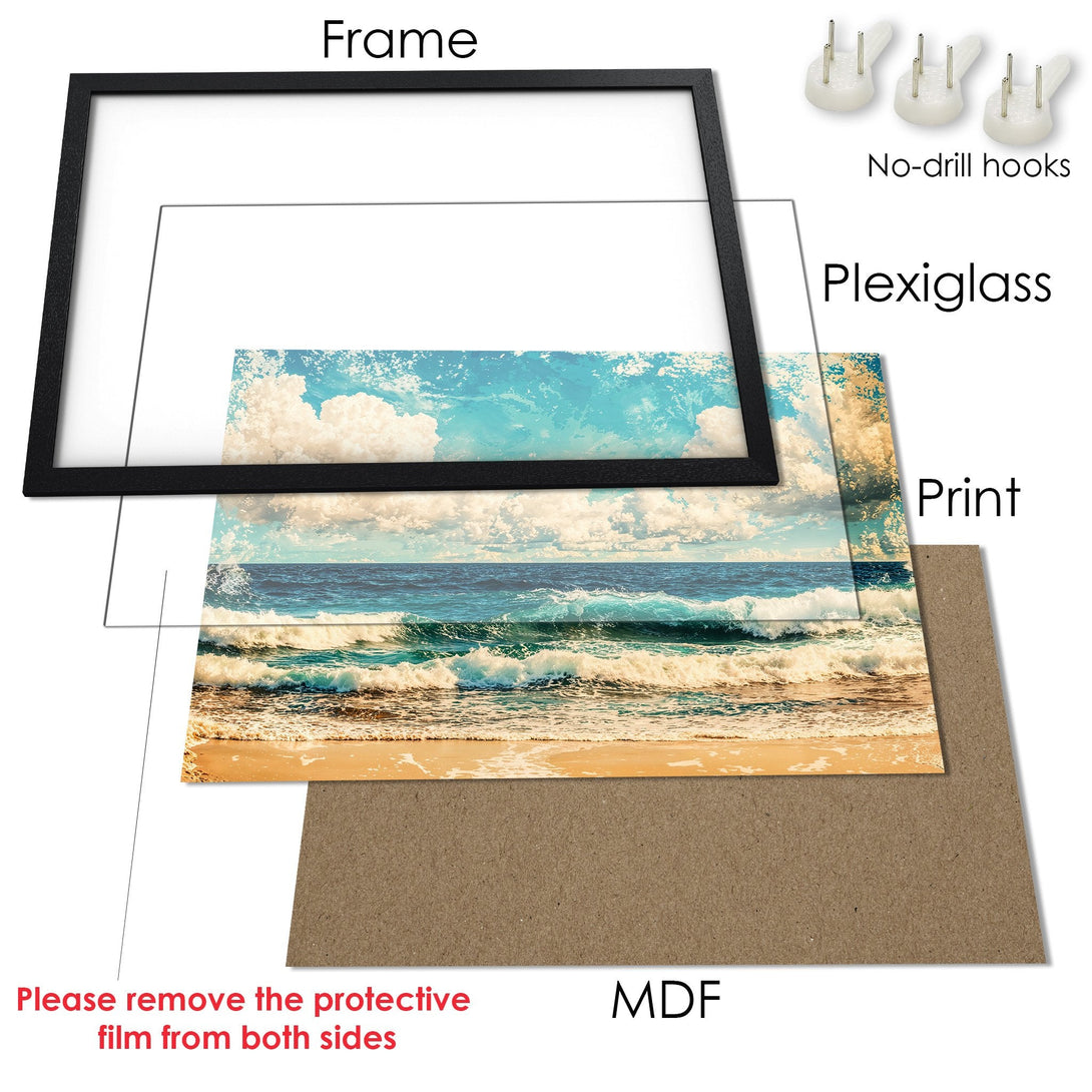 Framed Poster of a serene beach scene. Coastal style with blue, beige, and white color palette. Perfect wall art for your home.