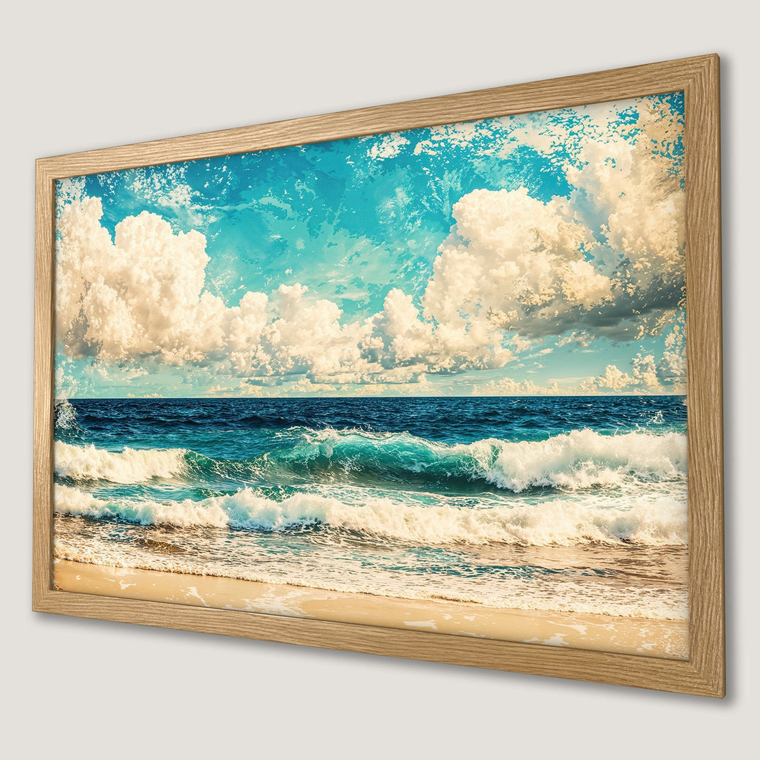 Framed Poster of ocean waves & sky in a vintage style. Blue, turquoise, and beige color palette. Perfect wall art.