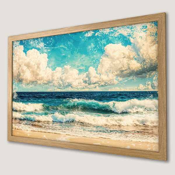 Framed Poster of ocean waves & sky in a vintage style. Blue, turquoise, and beige color palette. Perfect wall art.