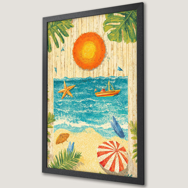 Framed Poster of a beach scene with a vibrant color palette. Coastal art print with sun, boat, and umbrella. Perfect for summer decor.