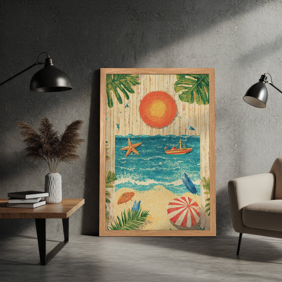 Framed Poster featuring a beach scene in a vintage style with a warm color palette. Perfect wall art for coastal decor!