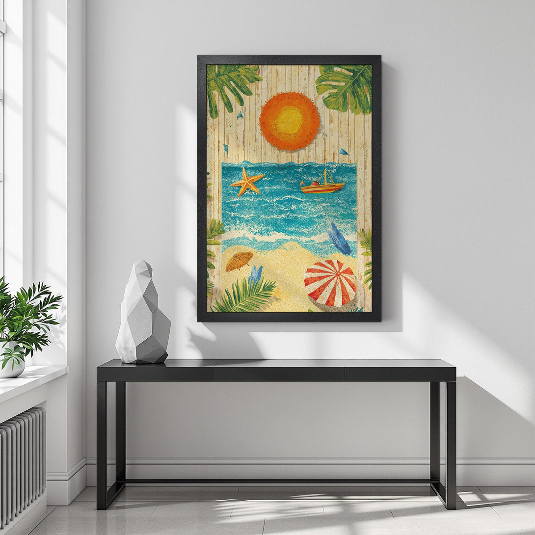Framed Poster: Beach scene art print in warm tones, perfect for coastal decor. Adds a touch of sunshine to your space!