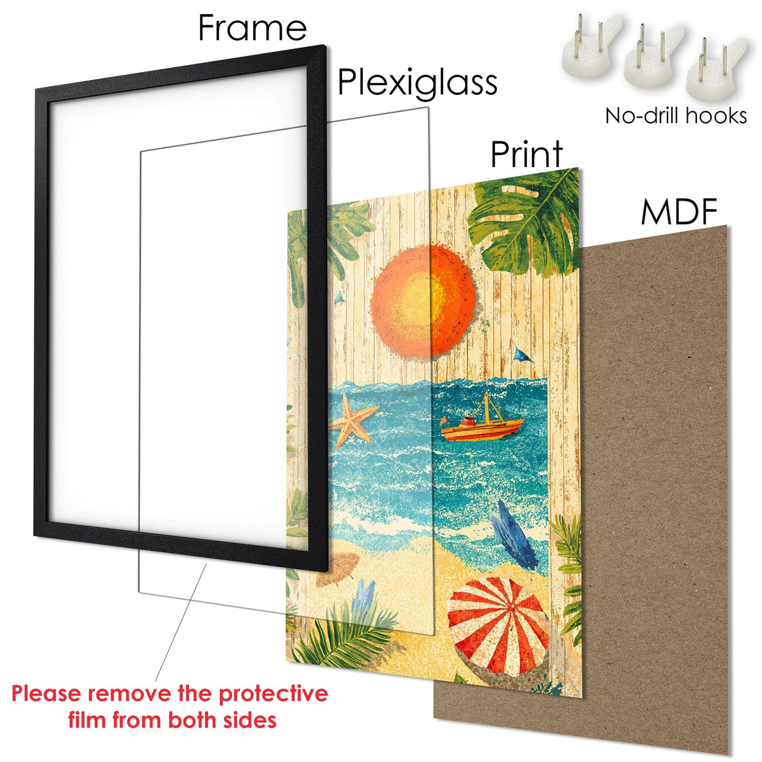 Framed Poster featuring a beach scene with a vibrant orange and blue color palette. Perfect for adding coastal vibes to your space!