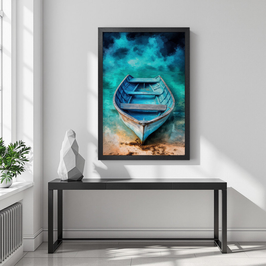 Framed Poster featuring a blue boat on turquoise water, artistic style with a vibrant, calming color palette. Perfect wall art!