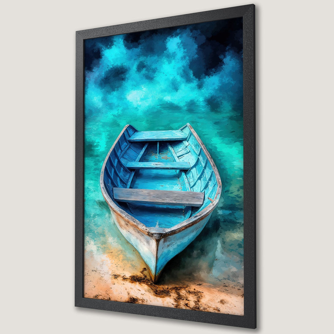 Framed Poster of a blue boat on turquoise water, artistic style with a calming blue and teal color palette.