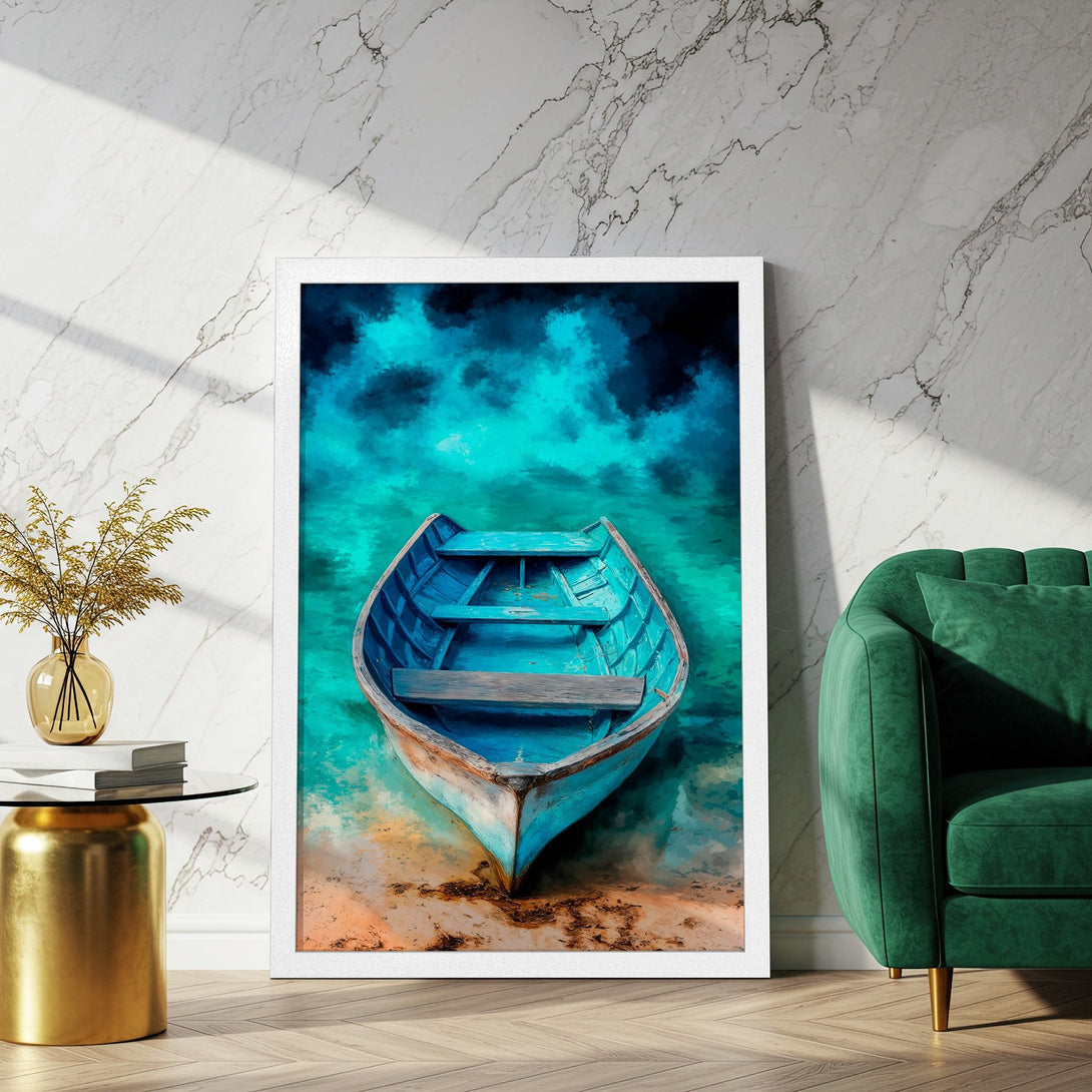 Framed Poster featuring a boat on turquoise water. Artistic style with a blue and teal color palette. Perfect wall art for your home.