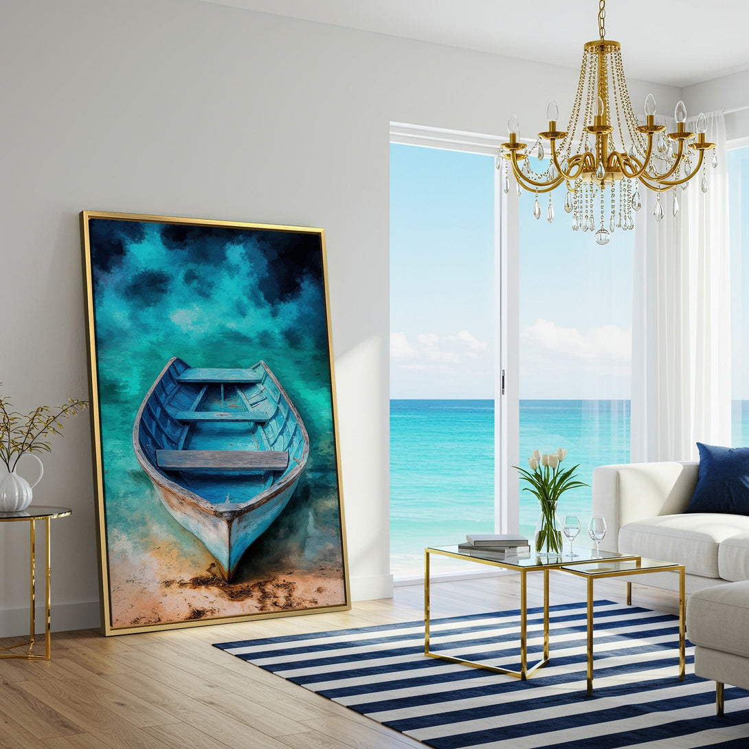 Canvas Print of a blue boat on turquoise water. Coastal art in a bright, airy interior. Perfect for adding a pop of color to your space.