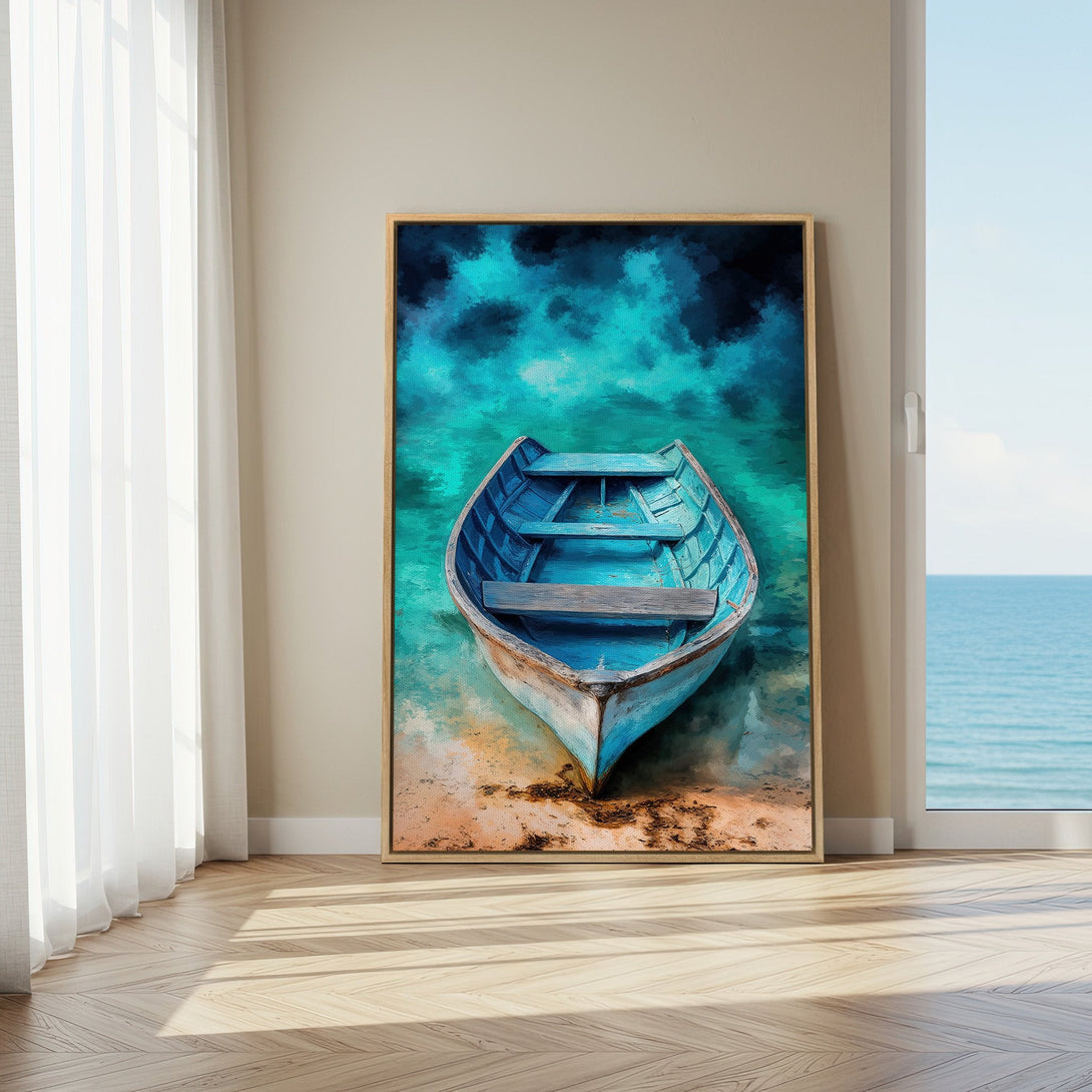 Framed Wall Art: Coastal boat art in teal and blue tones. Canvas print adds a serene touch to any interior. Shop now for nautical decor!