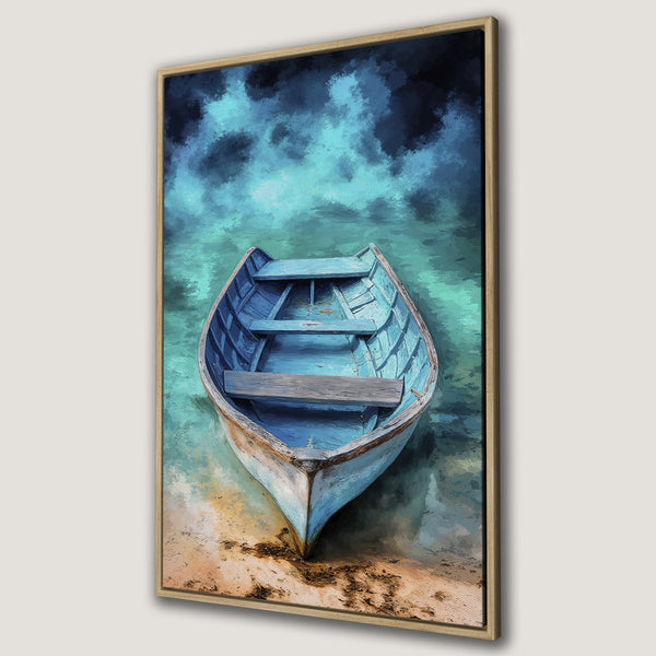 Framed Wall Art: Serene boat on canvas print. Coastal art in blue and teal hues. Perfect for adding a touch of tranquility to your home decor.