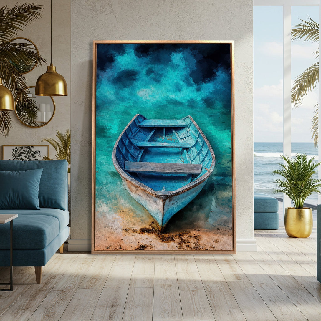 Framed Wall Art of a blue boat on a turquoise sea. Coastal-inspired artwork in a modern interior with a calming blue and teal color palette.