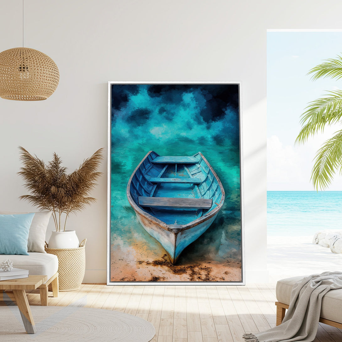 Framed Wall Art of a blue boat on a beach, painted in an impressionistic style with a turquoise and teal color palette. Perfect coastal decor!