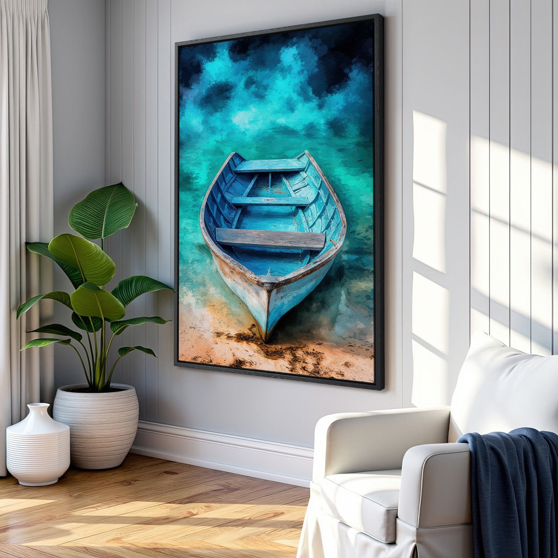 Framed Wall Art: Coastal scene Canvas Print featuring a blue boat on turquoise water. Adds a touch of serenity with its vibrant, calming color palette.